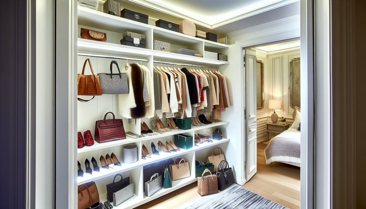 Un dressing ouvert montrant plusieurs accessoires comme des sacs à main, des chaussures, des bijoux et des foulards.