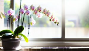 Une étagère près d'une fenêtre bien éclairée avec plusieurs orchidées en pleine floraison.
