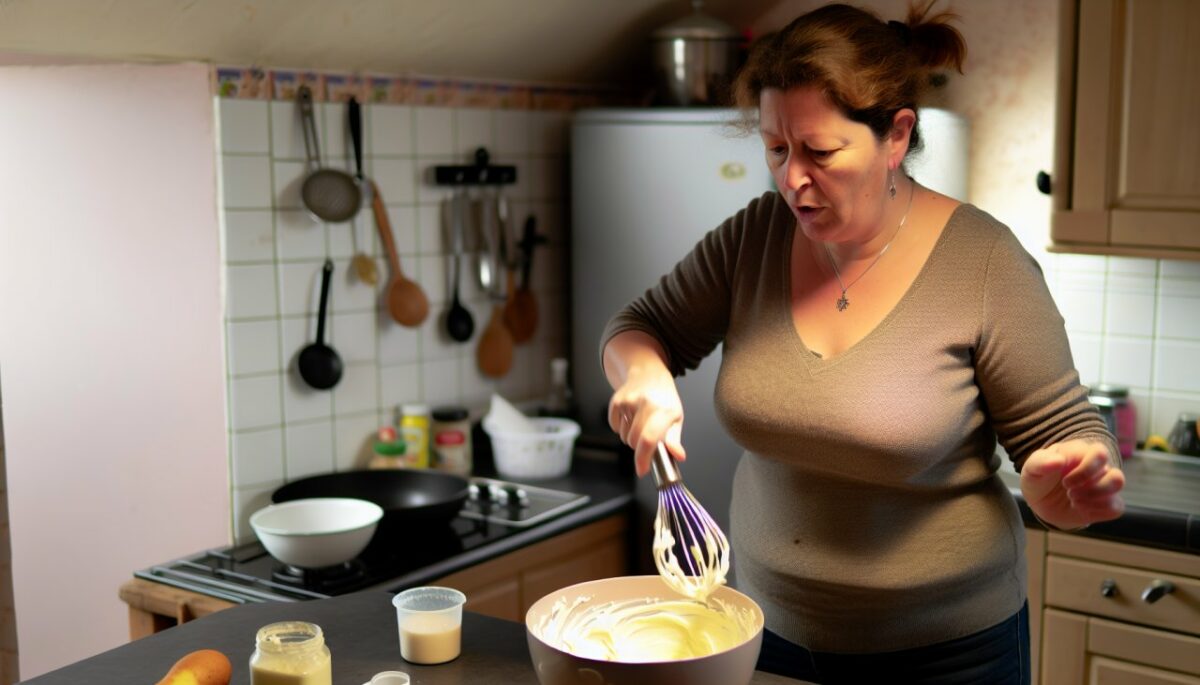 Une femme debout dans sa cuisine, en train de fouetter vigoureusement les ingrédients d'une mayonnaise maison dans un bol.