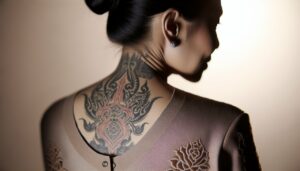 Une femme de dos montrant un tatouage complexe et élégant sur sa peau.