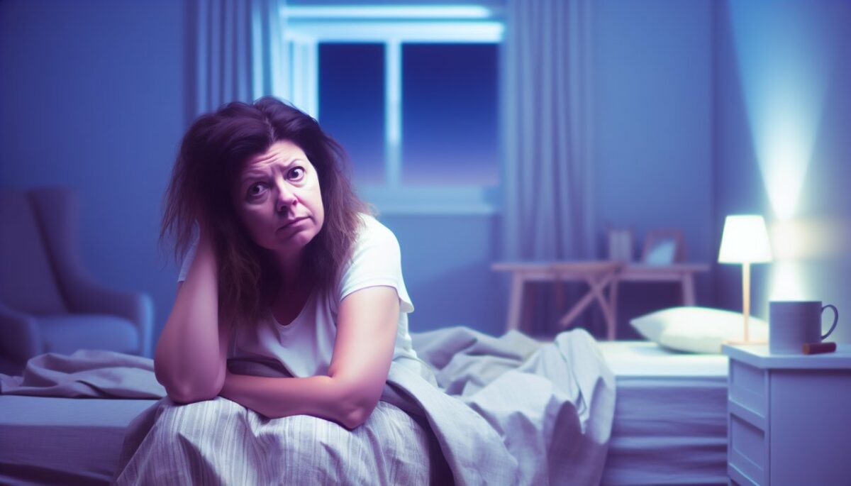 Une femme éveillée, assise dans son lit au milieu de la nuit, avec une expression de fatigue sur son visage.