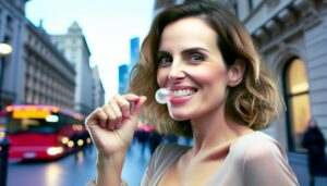 Une femme séduisante en train de mâcher du chewing-gum avec un sourire espiègle.