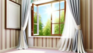 Une fenêtre ouverte avec des rideaux qui bougent doucement avec la brise.