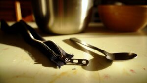 Une fermeture éclair cassée à côté d'un ustensile de cuisine sur une table.