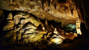 Une grotte éclairée mettant en évidence des stalactites suspendues au plafond et des stalagmites qui montent du sol.
