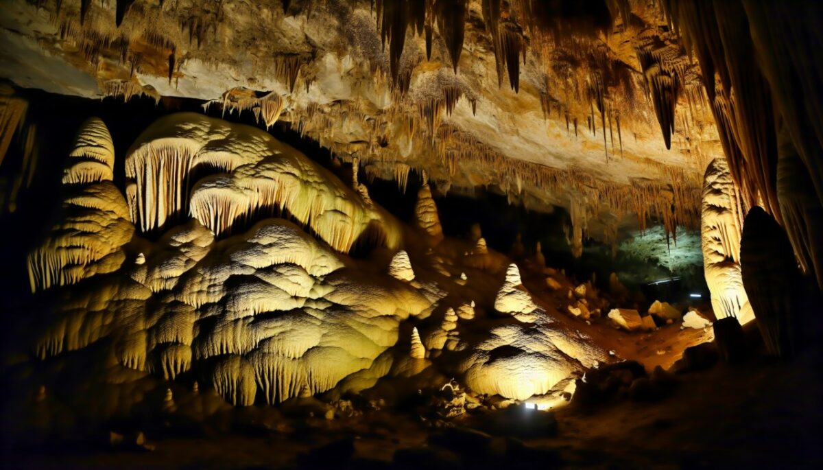 Une grotte éclairée mettant en évidence des stalactites suspendues au plafond et des stalagmites qui montent du sol.