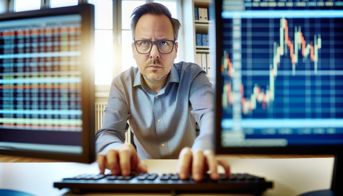Un homme ou une femme assis devant plusieurs écrans d'ordinateur affichant des graphiques de la bourse.