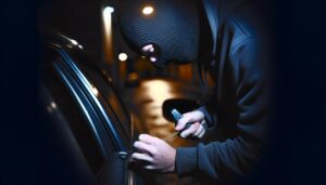 Un homme masqué en train de forcer la serrure d'une voiture en pleine nuit.