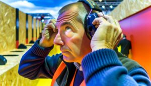 Un homme mettant des protections auditives dans ses oreilles face à une source de bruit intense comme un concert ou un chantier.
