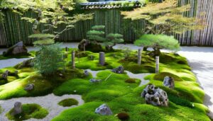 Un jardin zen paisible avec différents types de plantes comme le bambou, le mousse et les arbres nains, et des pierres disposées artistiquement.