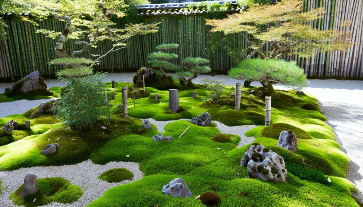 Un jardin zen paisible avec différents types de plantes comme le bambou, le mousse et les arbres nains, et des pierres disposées artistiquement.