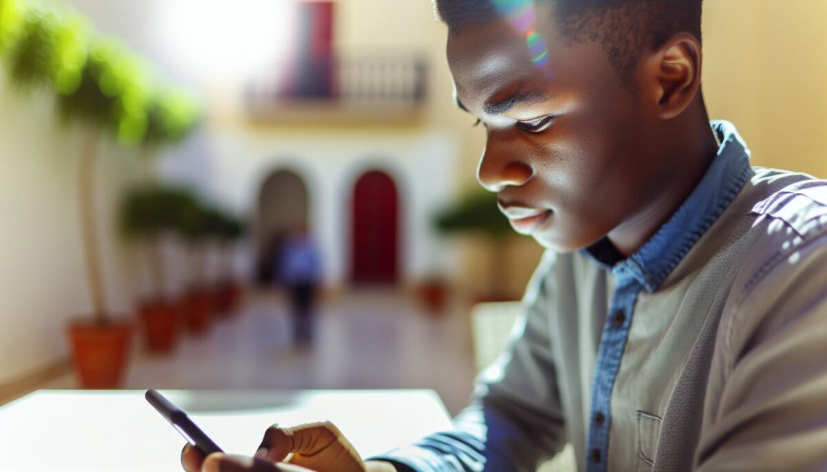 Un jeune homme concentré, tapant sur l'écran de son smartphone.