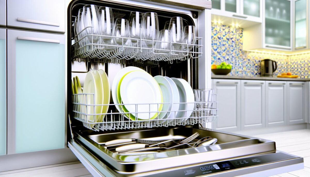 Un lave-vaisselle ouvert révélant des assiettes, des verres et des couverts brillamment propres à l'intérieur.