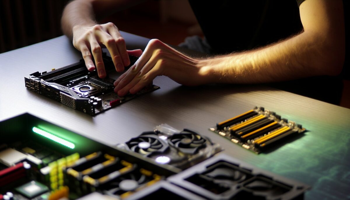 Des mains assemblant les différentes pièces d'un PC gamer sur une table.