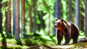 Un ours brun majestueux se tenant debout dans une forêt dense.