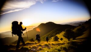 Un panorama spectaculaire de la région de l'Occitanie avec des randonneurs en silhouette sur un sentier de montagne.