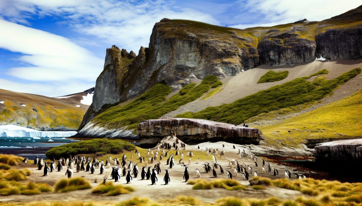 Un paysage des Îles Malouines avec sa nature sauvage, ses falaises escarpées et ses colonies de manchots.