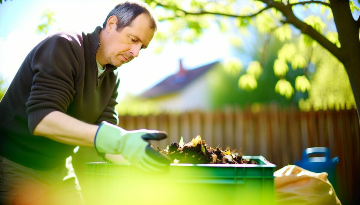 Une personne en train de faire du compostage dans son jardin.