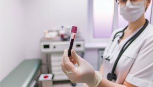 Une personne tenant un tube de prélèvement sanguin.