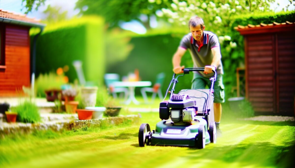 Une personne en train de tondre l'herbe de son jardin avec une tondeuse à gazon.
