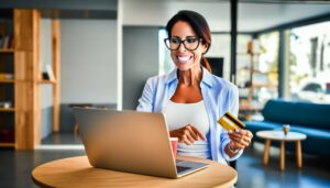 Une personne utilisant sa carte de crédit pour effectuer un achat sur son ordinateur portable.