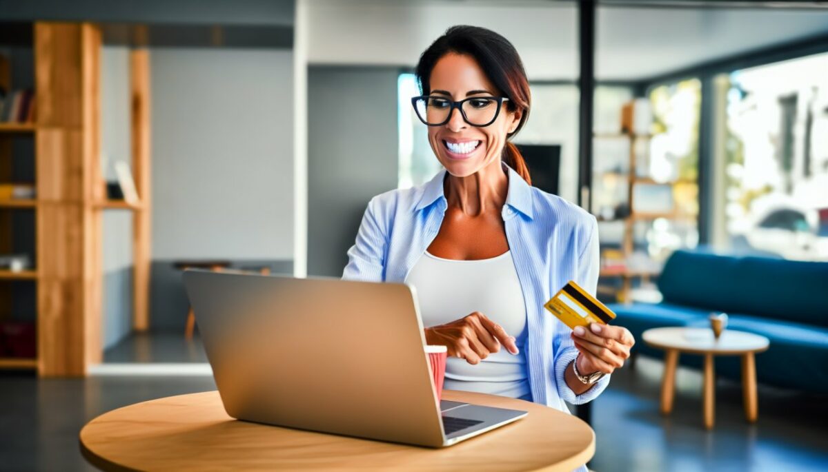 Une personne utilisant sa carte de crédit pour effectuer un achat sur son ordinateur portable.