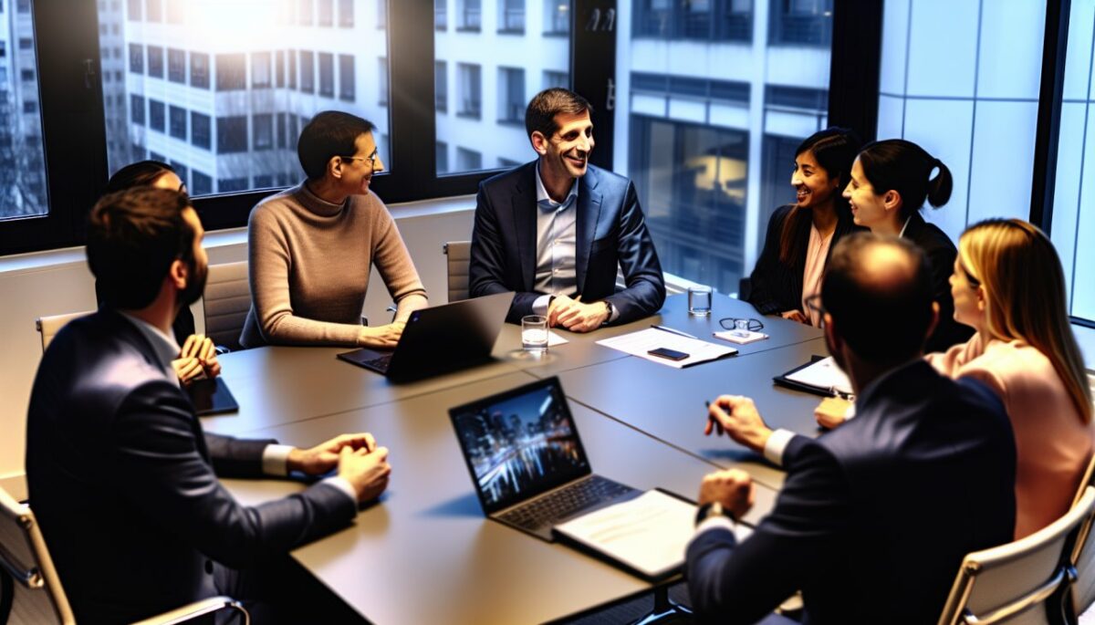 Des personnes en costume professionnel discutant autour d'une table de réunion, avec un ordinateur portable et des documents sur la table.