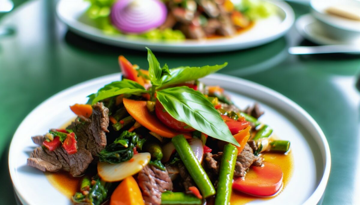 Un plat de bœuf à la thaï garni de légumes colorés et de basilic frais, servi sur une table bien dressée.