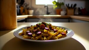 Un plat de pâtes au chorizo fraîchement préparé sur une table de cuisine.