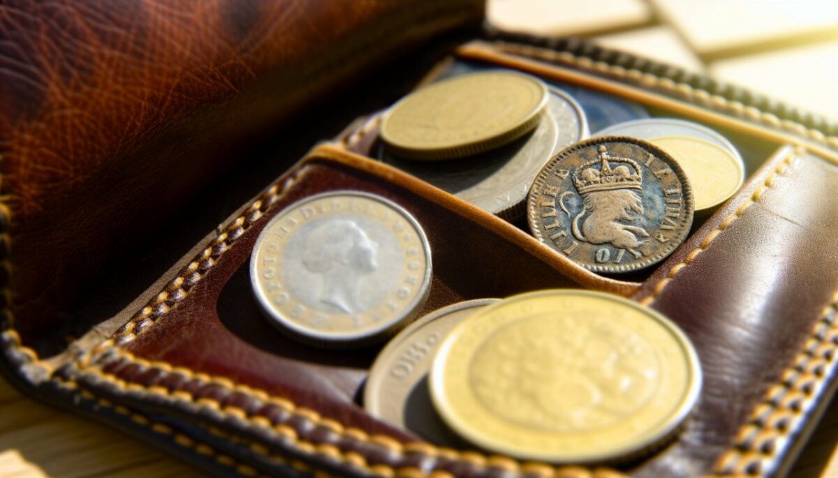 Un porte-monnaie ouvert avec une pièce de monnaie ancienne et rare visible parmi d'autres pièces de monnaie courantes.