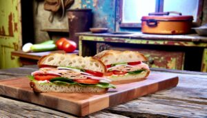 Un sandwich coupé en deux, garni de divers ingrédients, posé sur une planche en bois rustique.