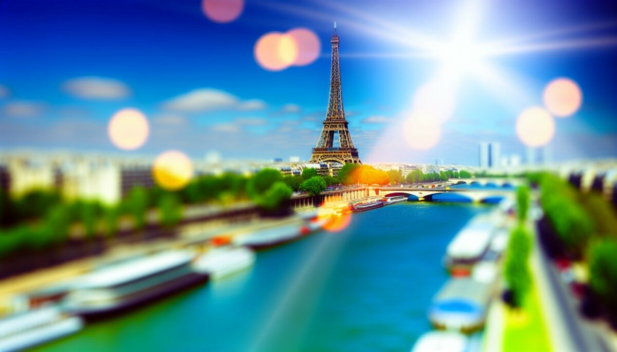 Une vue panoramique de Paris avec la Tour Eiffel et la Seine en premier plan.