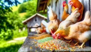 Des poules en train de picorer divers aliments dans une basse-cour.