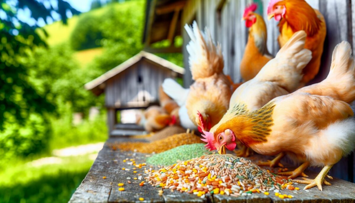 Des poules en train de picorer divers aliments dans une basse-cour.