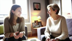 Une belle-mère et une belle-fille assises sur un canapé, discutant et souriant ensemble.