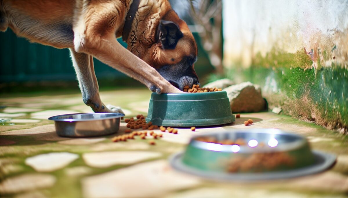 Un chien mange des aliments naturels dans sa gamelle