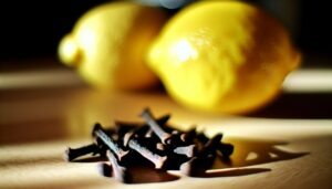 Des clous de girofle et un citron frais posés côte à côte sur une table en bois.