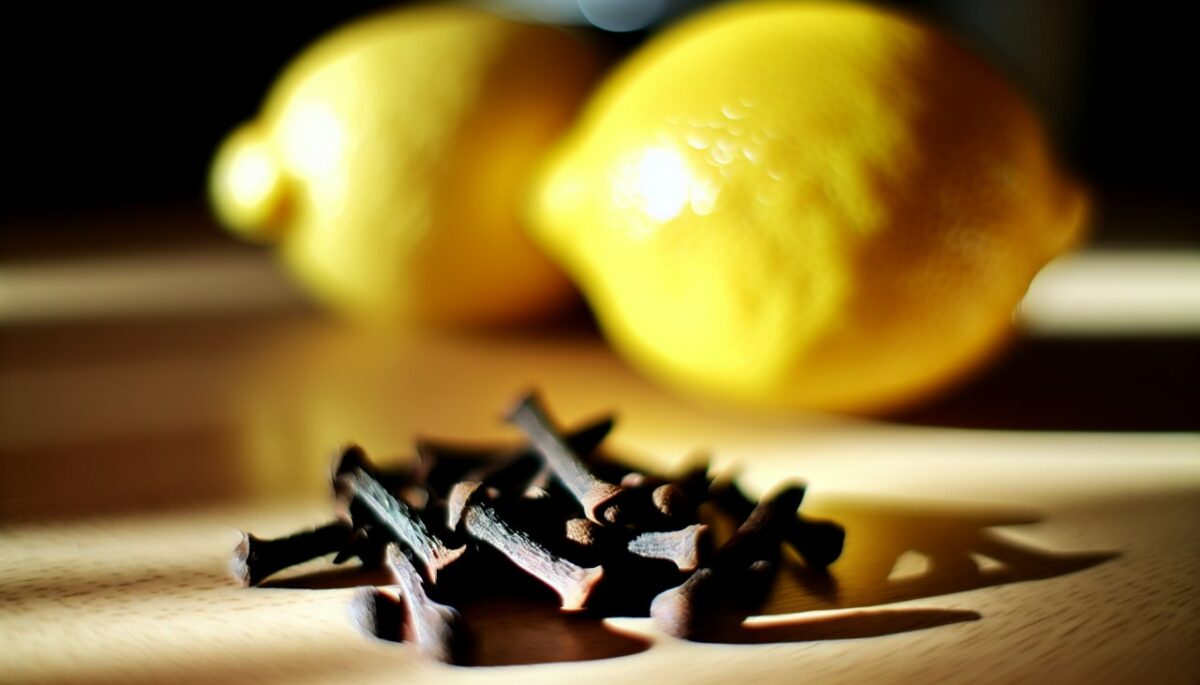 Des clous de girofle et un citron frais posés côte à côte sur une table en bois.