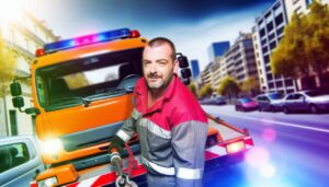 zoom sur un dépanneur qui remorque une voiture