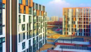 Un ensemble de logements sociaux modernes situés dans une zone urbaine animée.