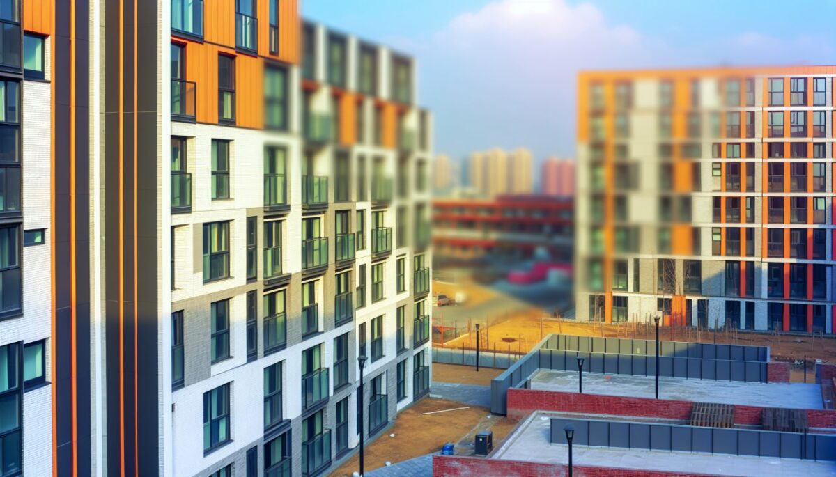 Un ensemble de logements sociaux modernes situés dans une zone urbaine animée.