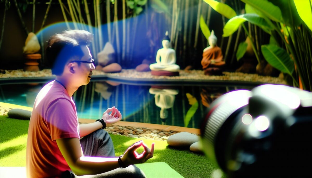 Une personne en position de méditation dans un environnement paisible, comme un jardin ou une plage.