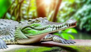 Un gros plan sur un crocodile, avec ses yeux et ses dents clairement visibles.