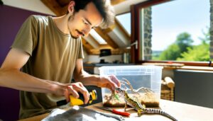 Une personne en train de soigner délicatement son reptile domestique avec des outils de soin spécifiques.