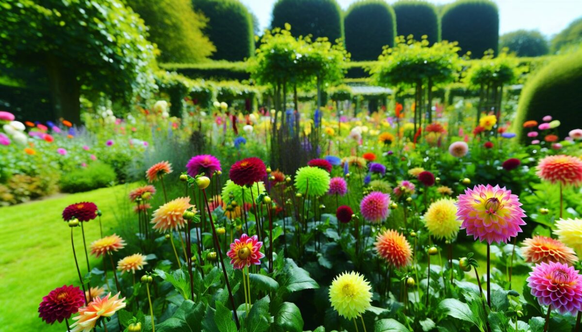 Un jardin luxuriant rempli de dahlias colorés et vibrants soigneusement plantés et entretenus.