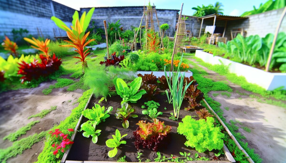 Un jardin potager aménagé en carrés avec différentes variétés de légumes en pleine croissance.