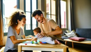 Un couple tenant doucement leur nouveau-né dans leurs bras.