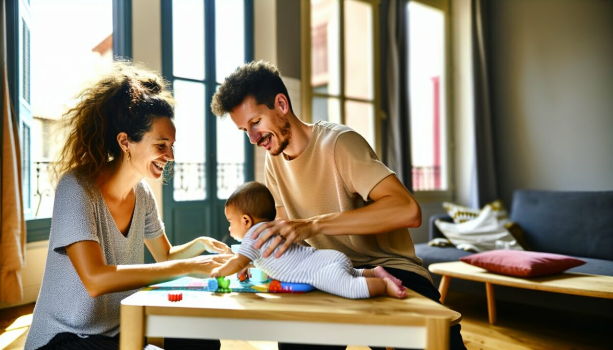Un couple tenant doucement leur nouveau-né dans leurs bras.