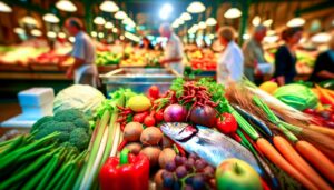 légumes, fruits, poissons frais