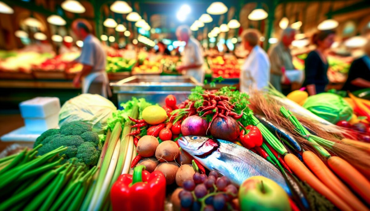 légumes, fruits, poissons frais